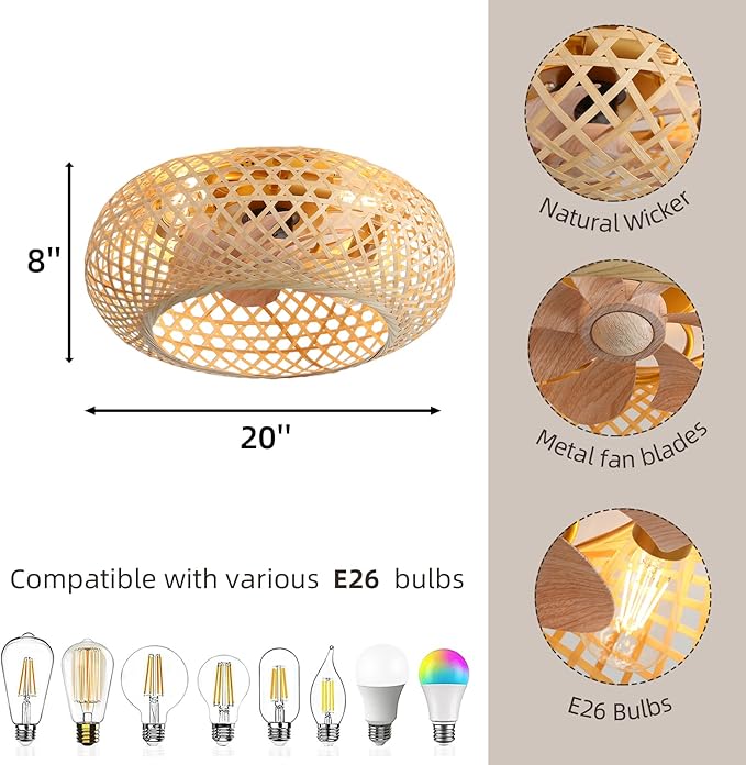 NicBex Ceiling Fan 20 Inch Ceiling Fans with Lights Bamboo Woven Ceiling Fan with Blades and Remote Control Flush Mount Ceiling Fans for Bedroom, Living Room, Natural