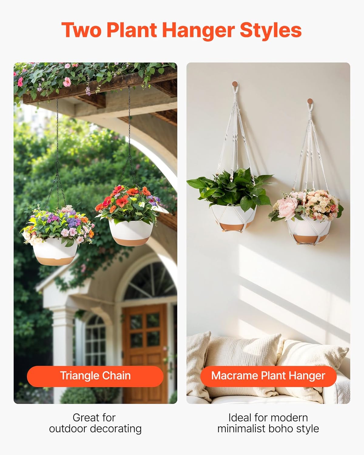 VEVOR Hanging Planters, 10 Inch Self-Watering Hanging Planter, 2 Pack Flower Pots with Drainage Hole & 2 Kinds of Plant Hangers, Plastic Basket Pots, for Garden Home Decor, Indoor & Outdoor Plants