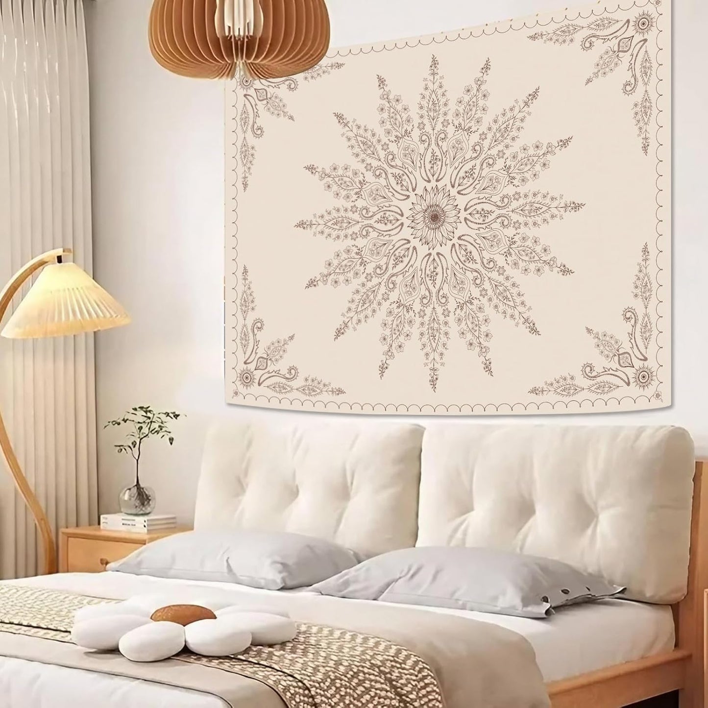 Fowocu Boho Floral Mandala Tapestry for Bedroom Aesthetic Bohemian Flower Wall Tapestry Beige Hippie Indian Small Tapestries Wall Hanging for Living Room Dorm Decor 40 x 30 Inch