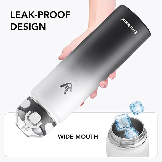 Enerbone Insulated Water Bottle, 32 oz Stainless Steel Water Bottles with Carrying Strap, Double-Wall Vacuum Insulation Thermos, Leakproof Sports Bottle with Straw, Keep Drinks Hot or Cold for Hours