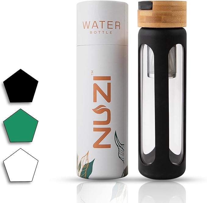 NUZI Glass Water Bottles 18 oz with Stainless Steel Fruit Infuser | Insulated Water Bottle | Reusable Glass Water Bottles with Silicone Sleeve & Bamboo Lid | BPA Free and Leakproof | Black | 1 Pc