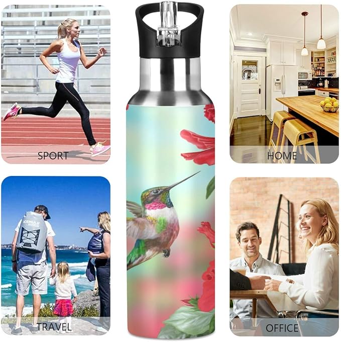 Red Hibiscus Flower Hummingbird Sports Water Bottle, 22 Oz BPA Free Non-Toxic Stainless Steel Water Bottle with Straw for Gym Yoga Fitness Camping
