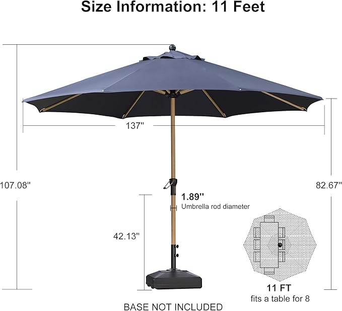 PURPLE LEAF 11 Feet Patio Umbrella Outdoor Table Umbrella Round Aluminum Market Umbrella with 8 Sturdy Ribs & Crank Commercial Outdoor Umbrellas for Garden Deck Patio, Navy Blue