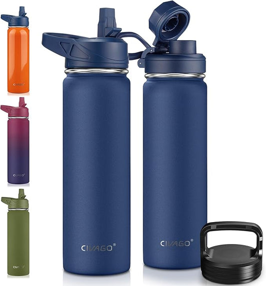 CIVAGO 22 oz Insulated Water Bottle With Straw, Stainless Steel Sports Water Flask Cup with 3 Lids (Straw, Portable Spout and Handle Lid), Double Walled Travel Thermal Canteen Mug, Navy Blue