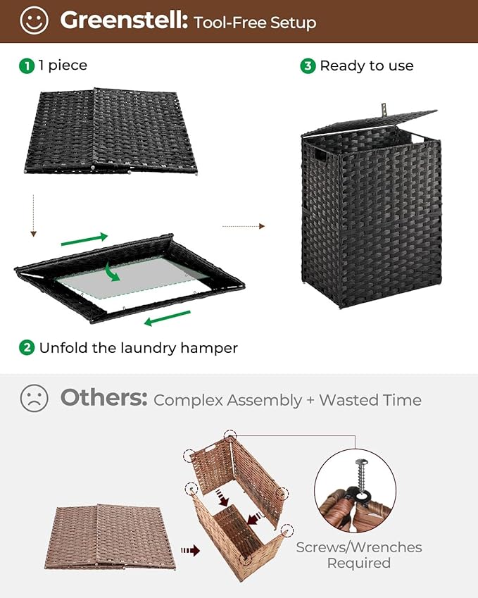 Greenstell Laundry Hamper with 2 Removable Liner Bags, Foldable Divided Clothes Hamper, 90L Handwoven Synthetic Rattan Laundry Basket with Lid and Handles, Easy to Install Black 18.3x13.3x24 Inches