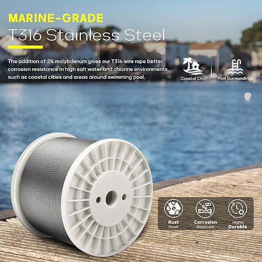 1000FT 1/8" T316 Stainless Steel Cable, Wire Rope Aircraft Cable for Deck Cable Railing Kit and DIY Balustrades, 7x7 Strands Construction, Comes with a Cutter