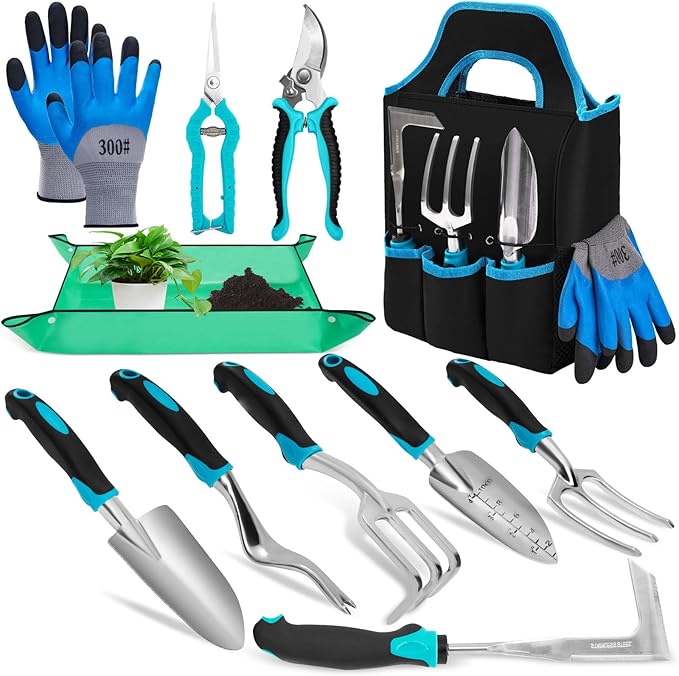 Garden Tool Set with Non Slip Rubber Grip,11 Piece Stainless Steel Gardening Tool Sets,Heavy Duty Outdoor Hand Tools Kit,Durable Tote Bag,Repotting mat,Uprooting Weeding Tool,Ideal Gifts for Women Men