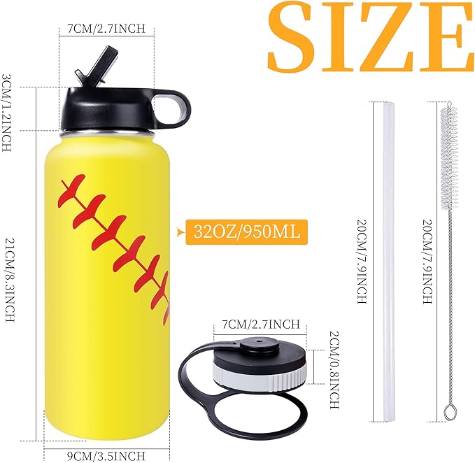 22oz Wide Mouth Softball Water Bottle with Two Lids(Straw, Handle Lid), 18/8 Stainless Steel Vacuum Insulated for Travel & Sport Cup. (Softball Yellow, 22oz)