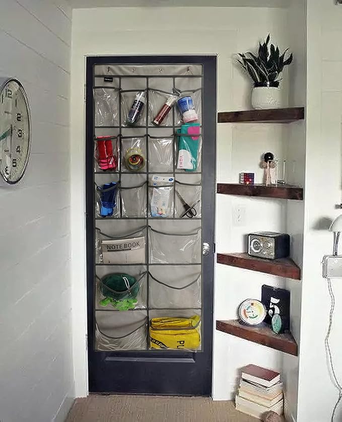 Extra Large Hanging Crystal Clear Over Door Shoe Organizer, Closet Shoe Rack with 12+6 Pockets, 8 Hooks, Grey (59"x 21.6")