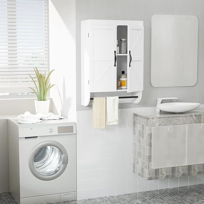 SRIWATANA Bathroom Storage Wall Cabinet Over The Toilet with Adjustable Shelf, Space Saver 2-Door Medicine Cabinet with Metal Bar, White