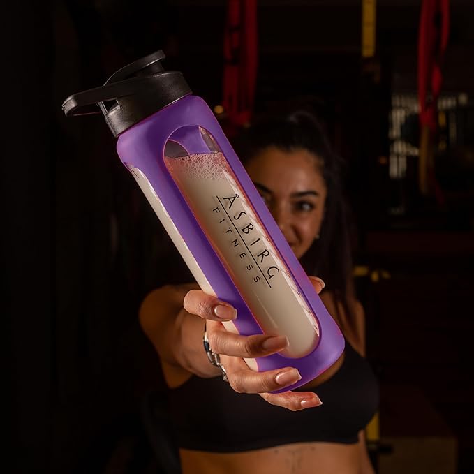 Fitness | Protein Shaker Made of Glass | Protein Shaker | Drinking Bottle | with Spiral Ball | Black (pastel purple)