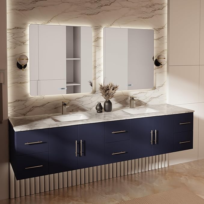 Sonoma 84 in. W x 22 in. D Navy Blue Double Bath Vanity and Carrara Marble Top