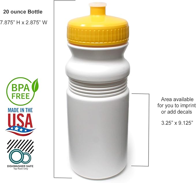 Rolling Sands 20 Ounce Sports Water Bottles 24 Pack, BPA-Free, Made in USA, Dishwasher Safe, White/Yellow
