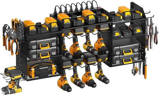 Power Tool Organizer Wall Mount with Charging Station, 10 Drill Holder Wall Mount, 3-Tier Adjustable Cordless Tool Organizer with 8 Hooks, screwdriver holder, Drill Bit Rack, Top Husband Gifts