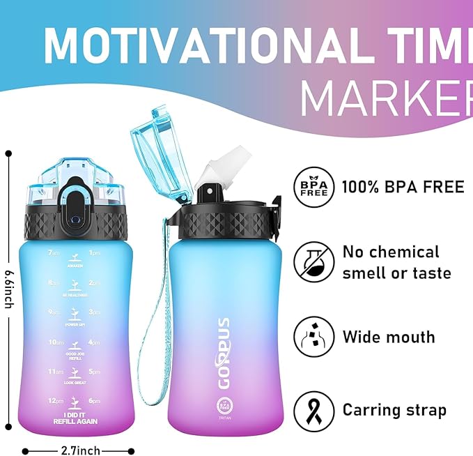 GOPPUS Kids Water Bottle with Straw Spout Lid 10pcs Stickers 12 oz Leak-proof BPA Free Motivational Time Marker Tritan Plastic Water Bottles for Girls Boys School Sports