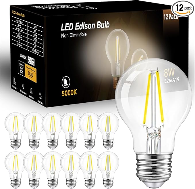 dalattin A19 Vintage LED Edison Bulbs, 60W Equivalent Light Bulbs, 5000K Daylight White, Clear Glass Filament Bulb, Efficient 8W, E26 Base, 800 LM, CRI80+, Non-Dimmable for Home, Farmhouse, 12 Pack