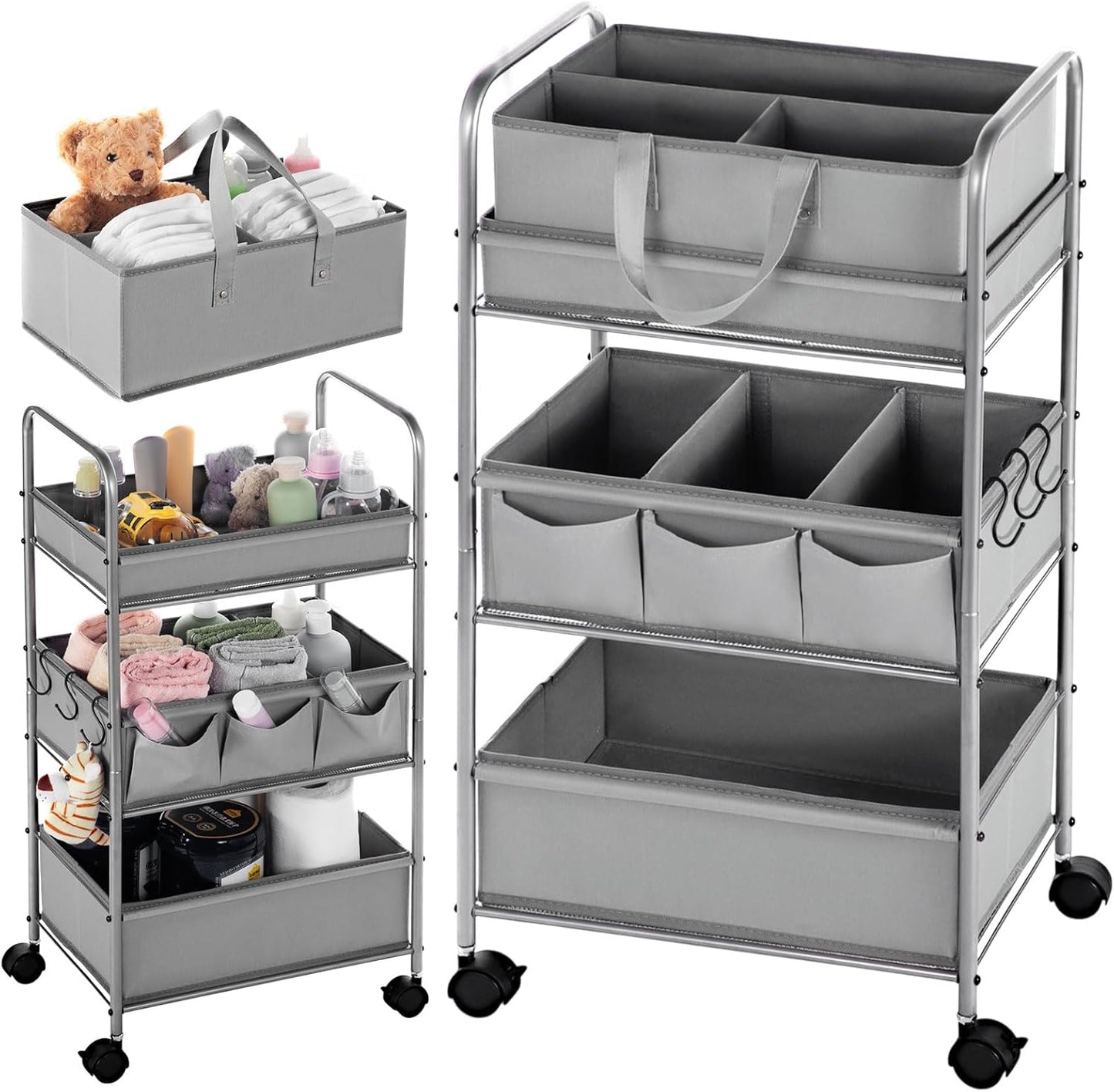 Honeydak 2in1 Baby Diaper Caddy Organizer Cart 3 Tier Large Capacity Metal Utility Bedside Rolling Cart with Divider for Newborn Nursery Essential Must Have for Crib Bedroom Baby Shower(Gray)