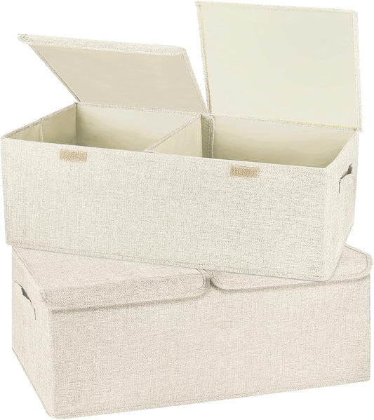 2 Pack Large Storage Boxes with Lids and Handles, Collapsible Linen Storage Bins Organizer Containers Baskets Cube with Removable Divider for Home Bedroom Closet Office (Cream, Small)