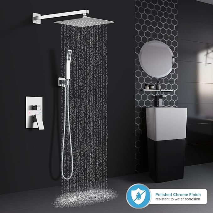 Shower Faucet Set Bathroom Square Rain Shower Head and Handle Set, Wall Mounted Shower Fixtures With Shower Valve and Trim Kit 12 inch Brushed Nickel