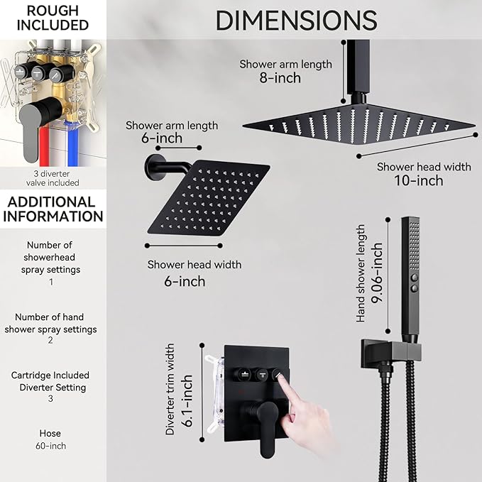 Shower Faucet Set Matte Black Shower System,Push Button Diverter Shower Sets with 2 in 1 Handheld,Ceiling Mount Dual 10+6 Inch Rain Shower Heads,Can Run All Together