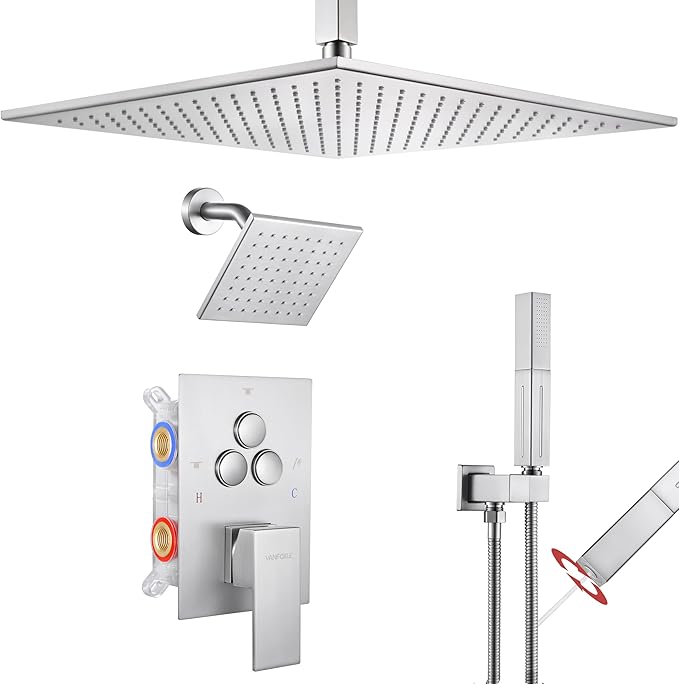 VANFOXLE Shower Faucet Set Brushed Nickel Shower System,Shower Faucet with 2 in 1 Handheld,Ceiling Mount 16 Inch Shower Head+6 Inch Shower Head(Rough-in Valve Body and Trim)