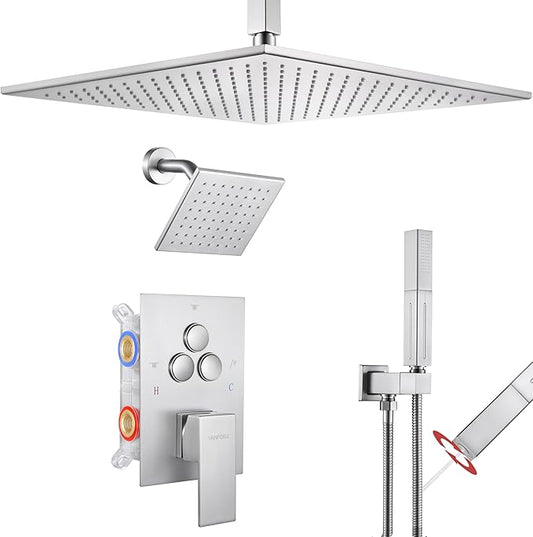VANFOXLE Shower Faucet Set Brushed Nickel Shower System,Shower Faucet with 2 in 1 Handheld,Ceiling Mount 16 Inch Shower Head+6 Inch Shower Head(Rough-in Valve Body and Trim)