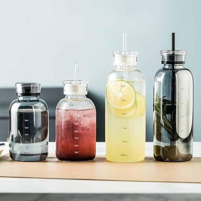 Glass water bottle With Time Marker -24oz with 2 caps and straw,Reusable Glass Drinking Bottles，Suitable For Drinks, Juices, Sodas, Coke, As Gifts Etc (Smoky 24oz)