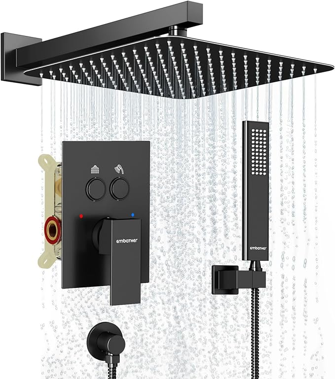Shower System Shower Faucet Set with Push-Button Diverter and Wall Supply Elbow 12 Inch Shower Head Matte Black