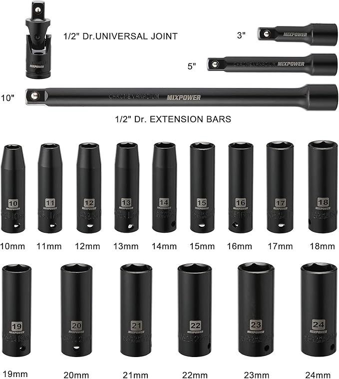MIXPOWER 1/2-Inch Drive Deep Impact Socket Set, CR-V, Metric Size 10-24mm, 6 Point, Perfect for Home, Mechanic and Repair Project, 19-Piece Sockets Set with Extension Bar and Universal Joints.