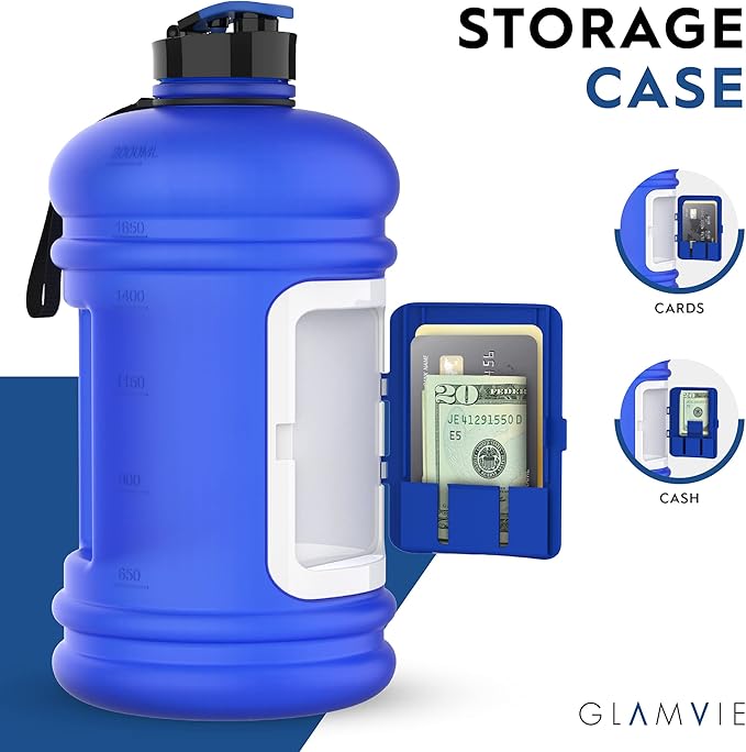 Sports Water Bottle 73OZ Half Gallon with Handle Big Reusable Water Jug 2.2L for Sport & Fitness with Built-In Storage Case for Cash & Cards | Eco Friendly & BPA Free | Matte Blue