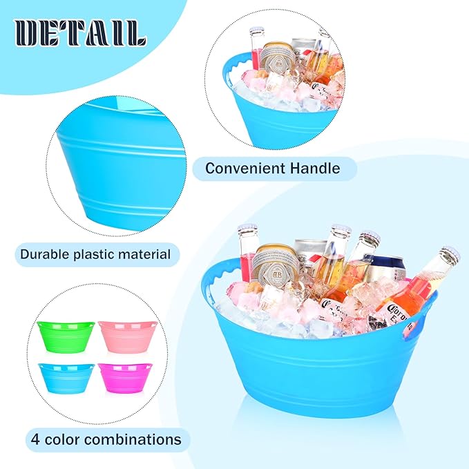 8Pcs Ice Bucket, Plastic Ice Buckets for Parties, Drink Buckets with Handles Beverage Buckets Oval Storage Plastic Tub for Wine Beer Champagne Bottles, 4.3Liter (set-2)