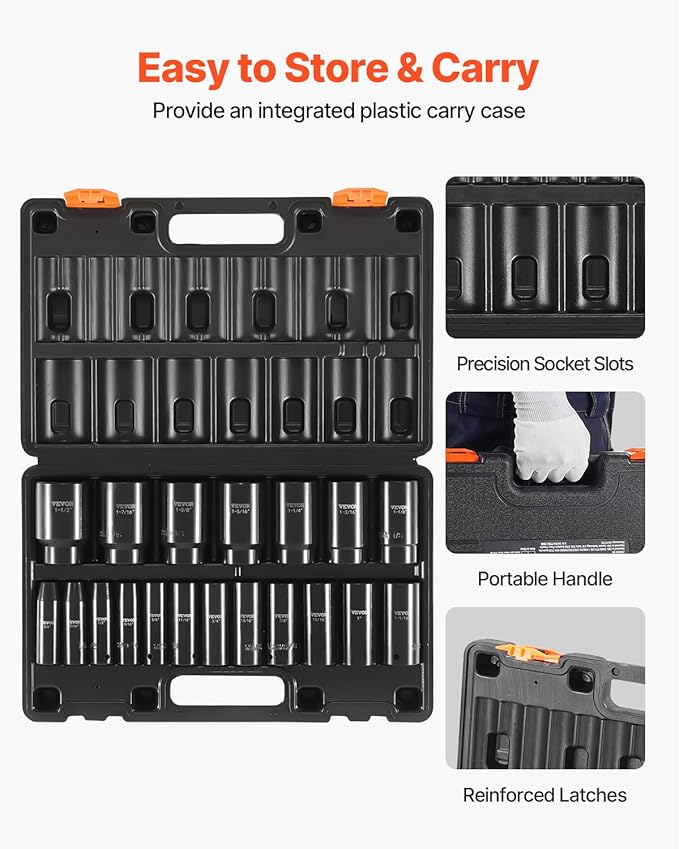 VEVOR Impact Socket Set, 1/2" 19 Piece Impact Sockets, Deep Socket, 6-Point Sockets, 1/2 Inches Drive Socket Set Impact 3/8 inch - 1-1/2 inch, Cr-V Rugged Construction, with a Storage Cage