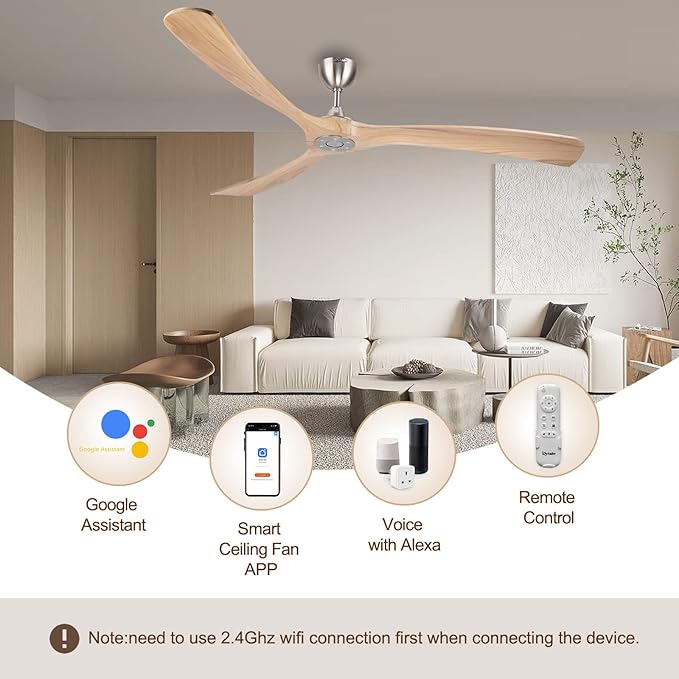 Ovlaim 72 Inch Smart Ceiling Fan No Light, DC Motor Large Wood Ceiling Fan without Light, 3 Blades Indoor Outdoor for Living Room Patio