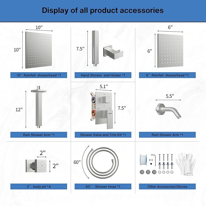 VANFOXLE Shower Faucet Set Brushed Nickel Shower System,Four Modes Shower Faucet with 2 in 1 Handheld,Ceiling Mount 10 Inch Shower Head with 6 Inch Shower Head, 4 PCS Dual Modes Body Jets