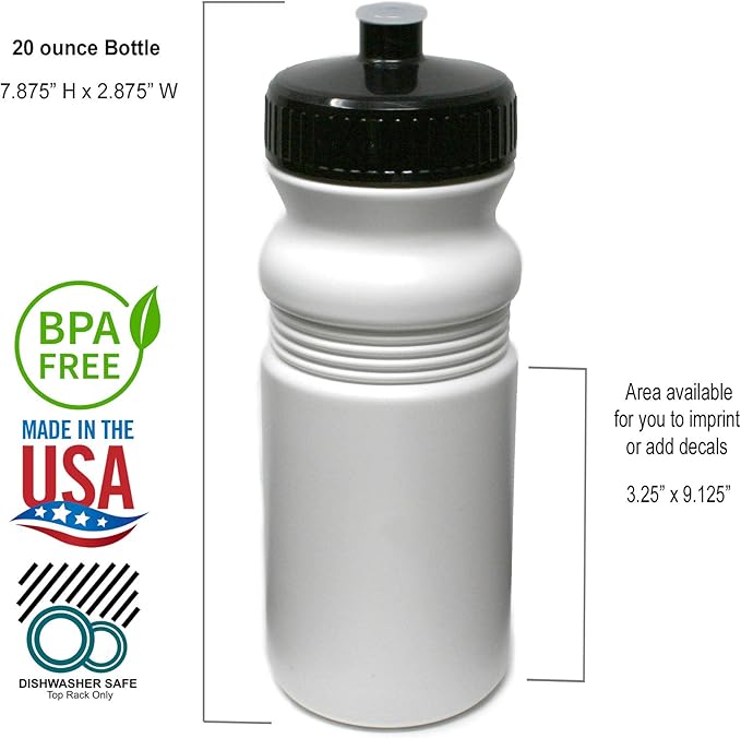 Rolling Sands 20 Ounce Sports Water Bottles 6 Pack, BPA-Free, Made In USA, Dishwasher Safe, White Bottles/Black Lids