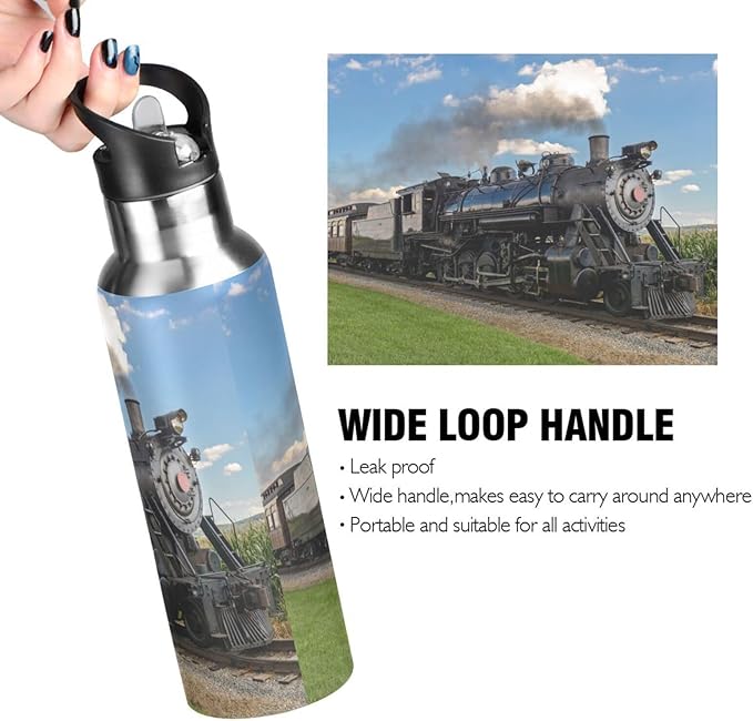 Vintage Steam Train Stainless Steel Water Bottle with Straw Lid - 20 Oz Sports Insulated Water Bottle Thermos for Sport Gym Outdoor Travel School (B-000)