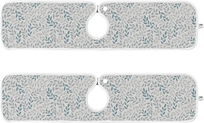 Kitchen Faucet Absorbent Mat,Green Gray Leaf Water Splash Guard for Sink, Faucet Drip Catcher Thicken Sponge Microfiber Faucet Water Catcher Mat Sink Absorbent Mat for Kitchen 23x5in 2 Pack
