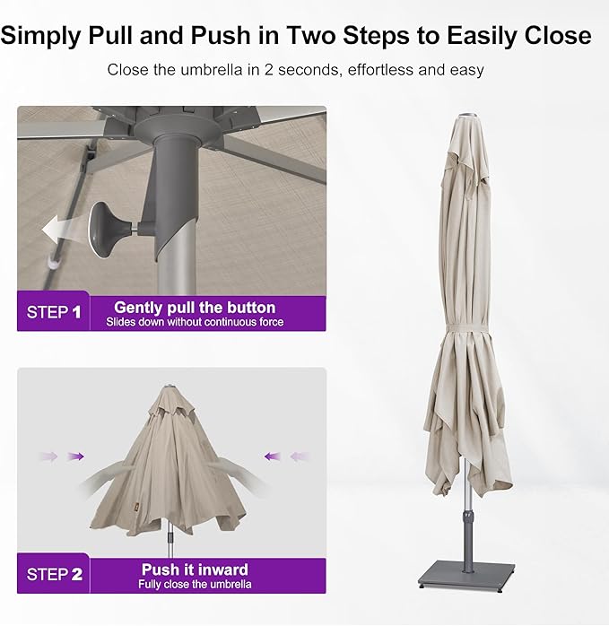 PURPLE LEAF 9 X 12 FT Semi-Auto Outdoor Patio Umbrella Market Table Sun Umbrellas with 8 Aluminum Sturdy Ribs for Backyard Deck Garden Pool (Silver Pole Beige Canopy)