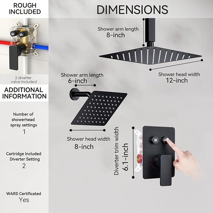 Shower Faucets Sets Shower System Matte Black, STARBATH 12" Ceiling Mount Rain Showerhead and 8" Wall Mounted Rainfall Shower for Couples, On Off Button Valve Dual Head Shower Systems Complete