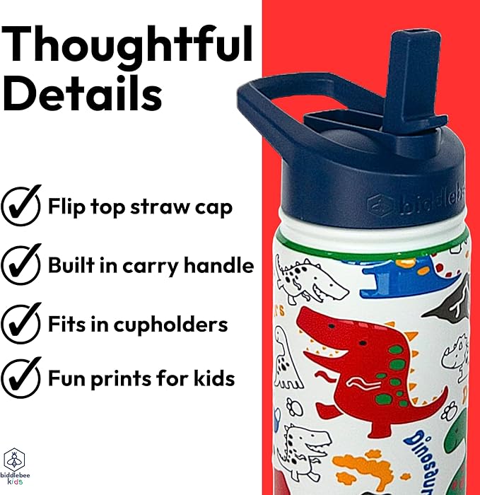 Biddlebee Kids Water Bottle with Straw Lid | 14oz Insulated Stainless Steel Reusable Bottles for School | Leak Proof Cap with Handle & Touch Free Spout | Great for Boys & Girls (Colorful Dinosaurs)