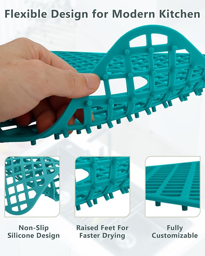 2 Pack Silicone Sink Protector for Kitchen Sink, Lozenge Pattern 12 x 11" Sink Grid Mat Silicone Protectors, Center Drain, Green