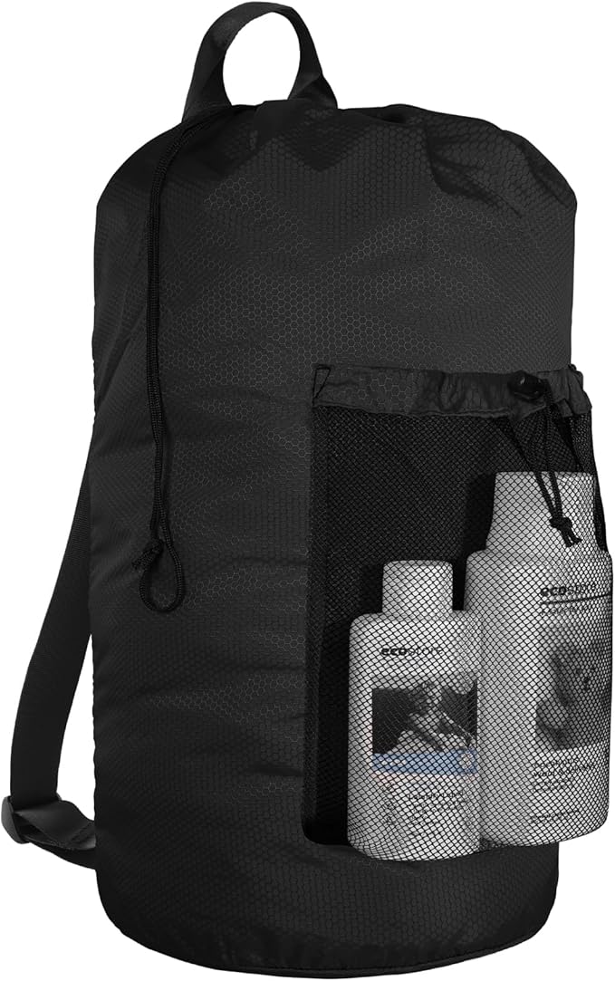 Laundry Bag Backpack, Large Travel Laundry Bags with Shoulder Straps & Mesh Pocket Durable Polyster Clothes Hamper Bag for College Laundromat Apartment (Black, Large)