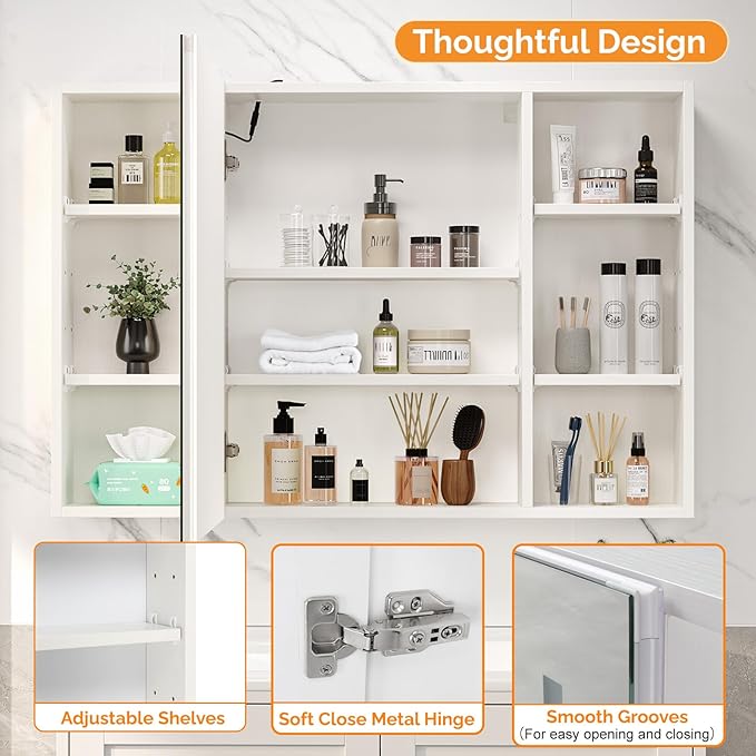 VINGLI 36Inch Medicine Cabinet with Lights, Lighted Medicine Cabinet with Mirror, Bathroom Vanity Mirror with Storage,Wall Mounted Anti-Fog Dimmable Light and Color Adjustment,5.9" D x 36" W x 24" H