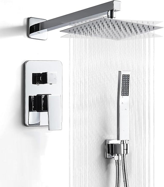 Chrome Shower System 10 Inch, Rain Shower Head with Handheld Spray, Luxury Rain Shower Set Square Wall Mount for Bathroom with Rain Shower and Handheld Shower System