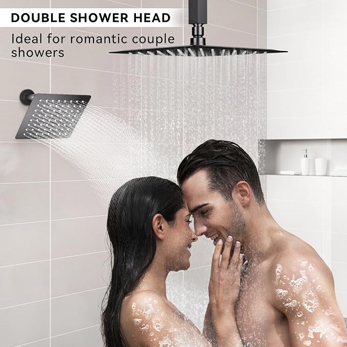 Shower Systems Shower Faucet Sets Matte Black, STARBATH 12+6" Dual Rain Shower Head with Handheld Spray for Two People, Ceiling Mount 3 Way Rainfall Shower Valve with 5 Diverter and Trim Kit Complete