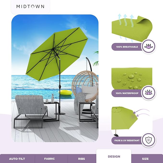 Midtown Umbrellas 10-Year-No-Fade - 9 Ft - UV Proof Pear Green Polyester Fabric - Umbrella Outdoor Patio, Auto-Tilt Aluminum Frame Patio Umbrella for Garden, Pool & Deck - Black Pole