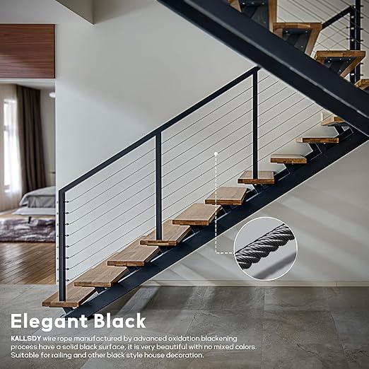 600FT 1/8" T316 Black Stainless Steel Cable, Black Wire Rope Aircraft Cable for Deck Cable Railing Kit, DIY Balustrades, 7x7 Strands Construction, Comes with a Cutter