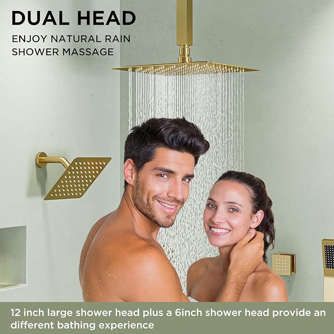 Shower Systems with 4 Body Spray Jets, STARBATH 4 Way 12+6" Rainfall Shower Head with Handheld Combo, Ceiling Mounted Shower Jets System in Wall Shower Faucet Sets Complete,Brushed Gold