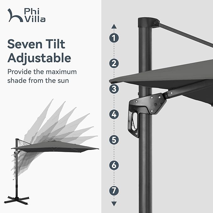 PHI VILLA 10ft Patio Umbrella with Base. 360° Rotation & 7-Level Tilt Outdoor Cantilever Umbrella with Easy Crank Handle. Square Offset Umbrella Heavy Duty for Garden Poolside Backyard (Grey)