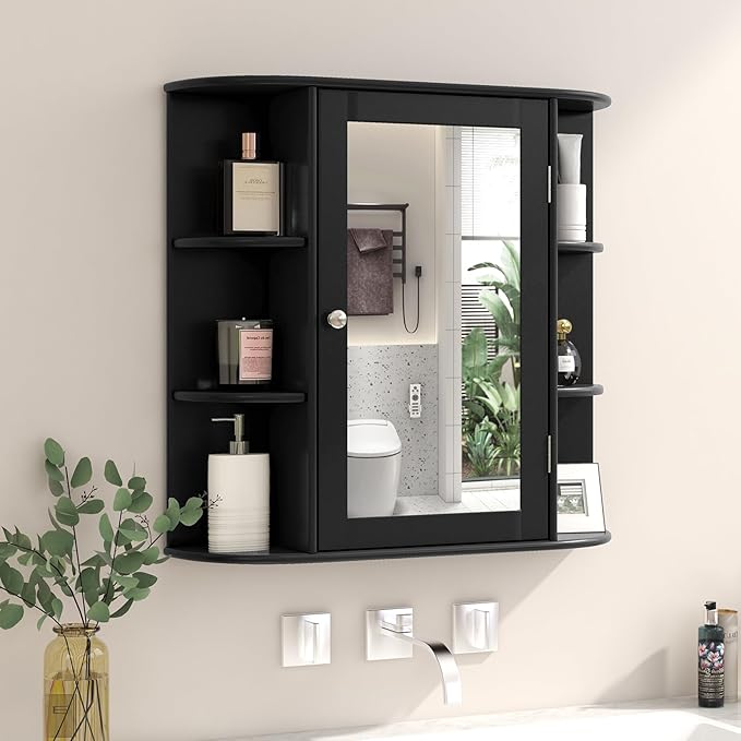 Tangkula Bathroom Medicine Cabinet with Mirror, Wall Mounted Home Storage with Door & 6 Open Shelves, Adjustable Shelves, Mirrored Bathroom Wall Cabinet (Black)